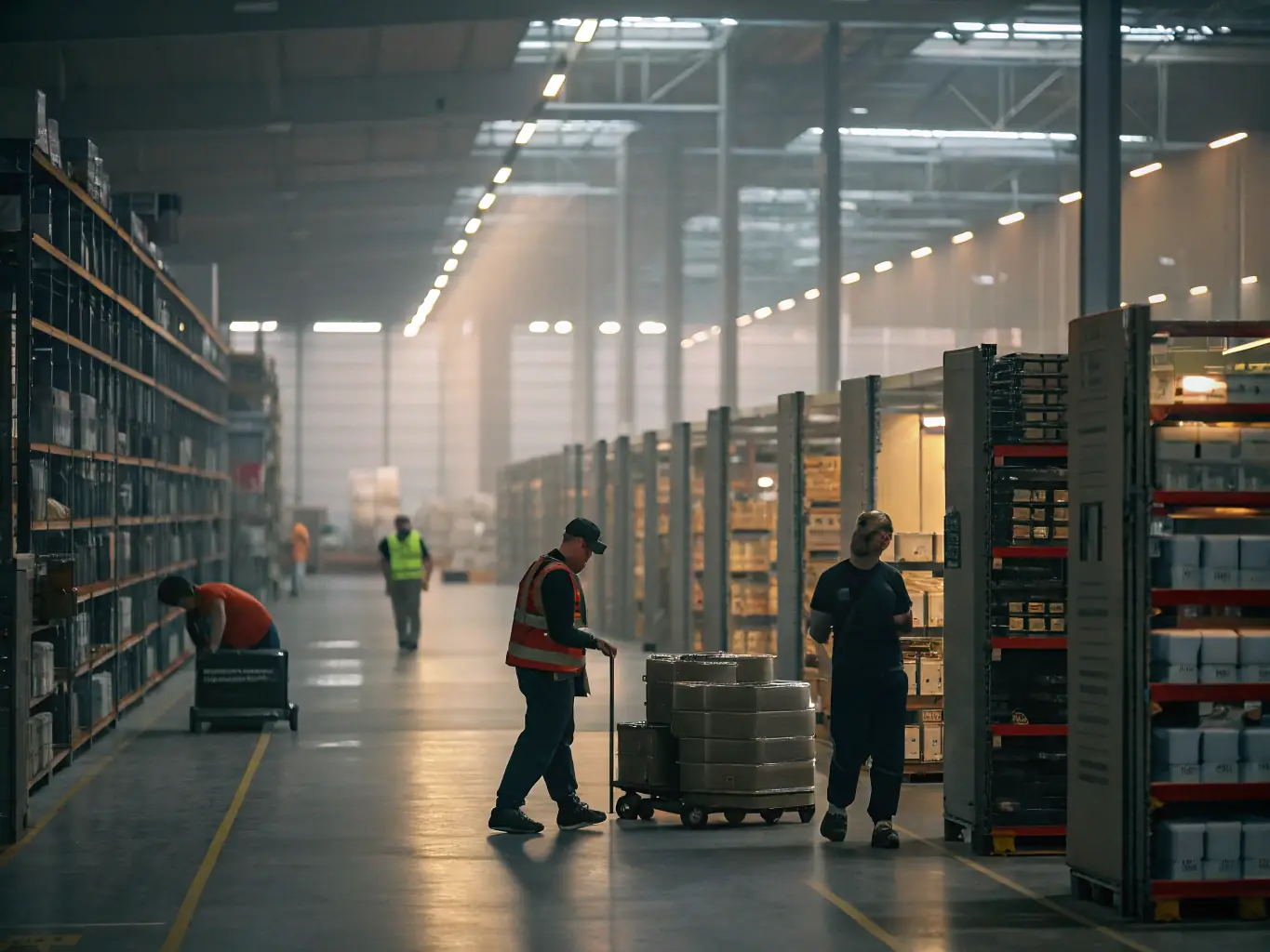 A modern warehouse with automated systems and workers efficiently managing inventory, showcasing Omnilink Solution's capabilities in just-in-time delivery and logistics management.