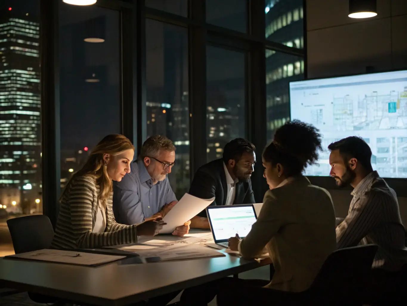 A diverse team of supply chain experts collaborating in a modern office, reviewing logistics data on large screens, symbolizing Omnilink Solution's comprehensive approach to supply chain management.