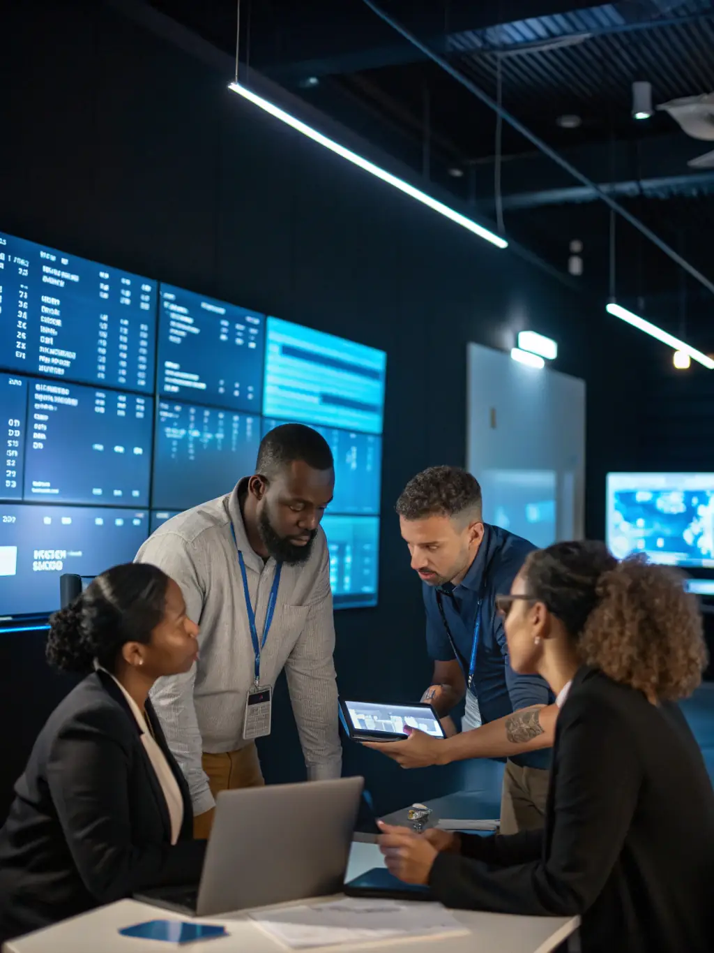 A diverse team of supply chain professionals collaborating in a modern office setting, reviewing data on large monitors, symbolizing Omnilink Solution's collaborative approach to supply chain management.
