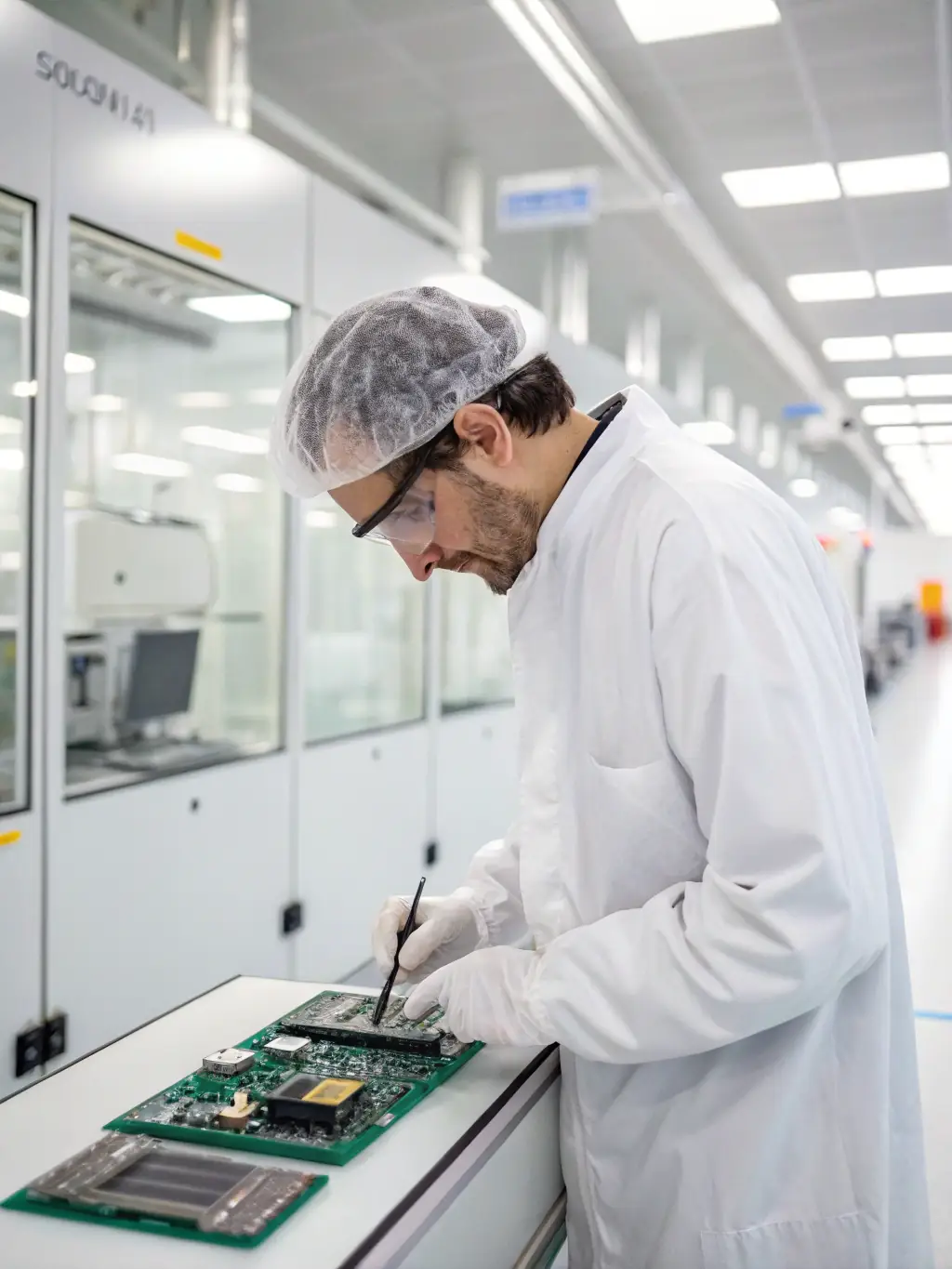 A high-tech quality control lab with technicians inspecting products, highlighting Omnilink Solution's commitment to quality assurance.