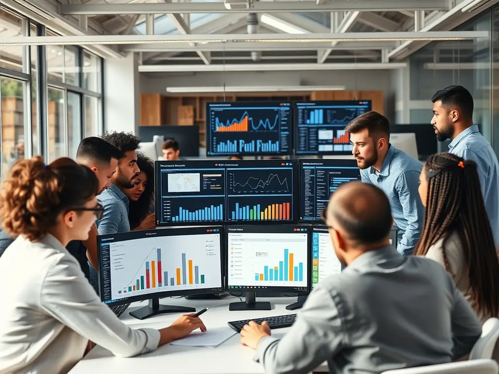 A diverse team of supply chain professionals collaborating in a modern office setting, analyzing data and optimizing logistics for a client's project.